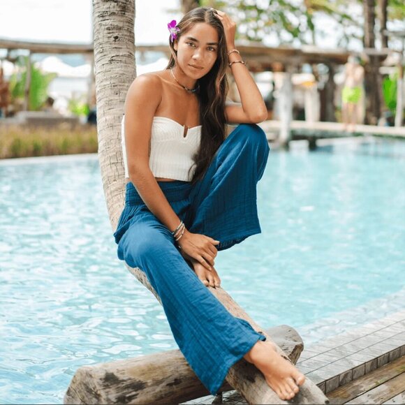 Lotus & Luna Wide Leg Cotton Pants in Color: Pacific Dark Teal Blue S - Picture 1 of 16